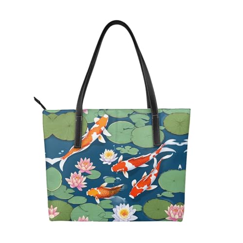 Japanische Handtasche mit hübschem Koi-Fischdruck, hochwertiges PU-Leder, wasserdicht und langlebig, perfekt für Reisen, Arbeit und Freizeit, Schwarz, Einheitsgröße Japanische Handtasche mit hübschem Koi-Fischdruck, hochwertiges PU-Leder, wasserdicht und langlebig, perfekt für Reisen, Arbeit und Freizeit, Schwarz, Einheitsgröße von ZWLPNZZD
