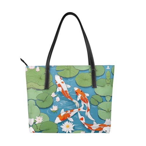 Japanische Handtasche mit hübschem Koi-Fischdruck, hochwertiges PU-Leder, wasserdicht und langlebig, perfekt für Reisen, Arbeit und Freizeit, Schwarz, Einheitsgröße Japanische Handtasche mit hübschem Koi-Fischdruck, hochwertiges PU-Leder, wasserdicht und langlebig, perfekt für Reisen, Arbeit und Freizeit, Schwarz, Einheitsgröße von ZWLPNZZD