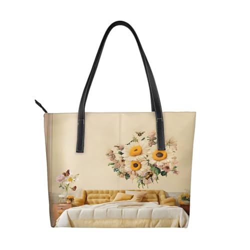 Rural Bees Handtasche mit Wildblumen-Druck, hochwertiges PU-Leder, wasserdicht und langlebig, perfekt für Reisen, Arbeit und Freizeit, Schwarz, Einheitsgröße Rural Bees Handtasche mit Wildblumen-Druck, hochwertiges PU-Leder, wasserdicht und langlebig, perfekt für Reisen, Arbeit und Freizeit, Schwarz, Einheitsgröße von ZWLPNZZD