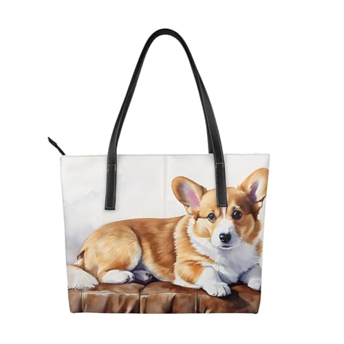 Süße Handtasche mit Corgi-Druck, hochwertiges PU-Leder, wasserdicht und langlebig, perfekt für Reisen, Arbeit und Freizeit, Schwarz, Einheitsgröße von ZWLPNZZD