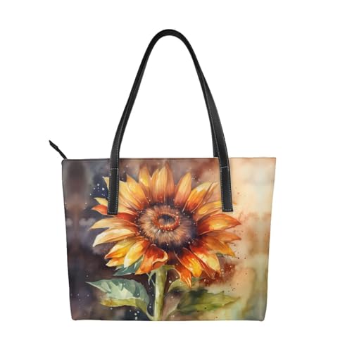 ZWLPNZZD Handtasche mit Sonnenblumenmuster, hochwertiges PU-Leder, wasserdicht und langlebig, perfekt für Reisen, Arbeit und Freizeit, Schwarz, Einheitsgröße von ZWLPNZZD