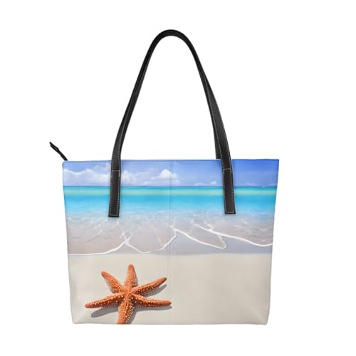 ZWLPNZZD Handtasche mit Strand-Aufdruck, hochwertiges PU-Leder, wasserdicht und langlebig, perfekt für Reisen, Arbeit und Freizeit, Schwarz, Einheitsgröße von ZWLPNZZD