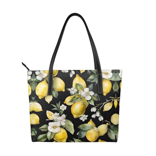 ZWLPNZZD Handtasche mit Zitronen- und Blumendruck, hochwertiges PU-Leder, wasserdicht und langlebig, perfekt für Reisen, Arbeit und Freizeit, Schwarz, Einheitsgröße von ZWLPNZZD