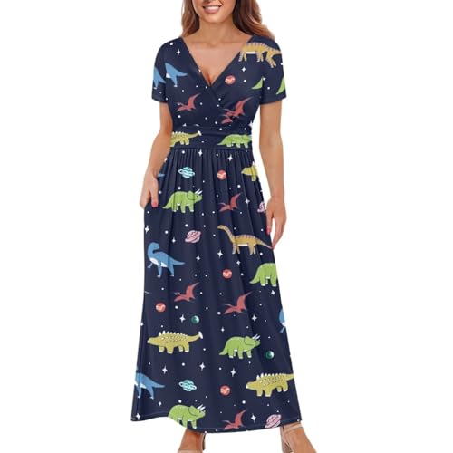 ZWPINITUP Damen Herbst Sommer Kurzarm Knöchellang V-Ausschnitt Partykleid mit Taschen Größe S-3XL, Bunte Dinosaurier-Galaxie, Groß von ZWPINITUP