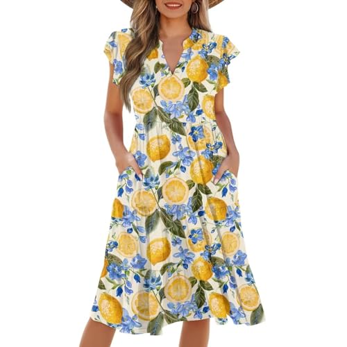 ZWPINITUP Damen-Sommerkleid, Rüschenärmel, V-Ausschnitt, lässige Passform, fließendes Strandkleid, Urlaub, Sommerkleid mit Tasche, S-2XL, Blaue Blumen-Zitrone, XX-Large von ZWPINITUP