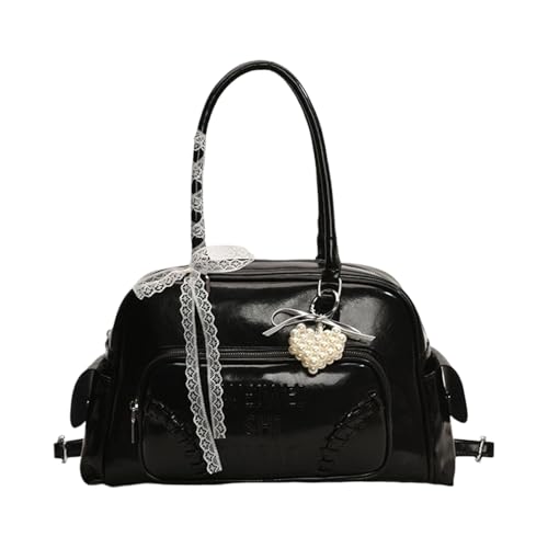 ZWTPGKRD Damen Umhängetasche mit Schleifen und Spitzendetail PU Leder Handtasche Mode Achseltaschen für den täglichen Gebrauch, Schwarz , As shown in the picture (error 1-390cm) von ZWTPGKRD