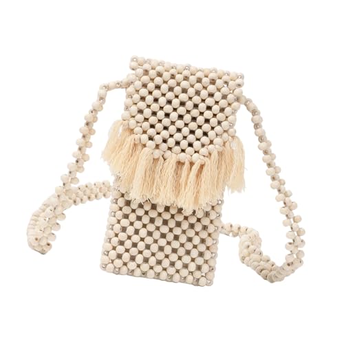 ZWTPGKRD Handgefertigte Quastentasche mit Perlen für Damen, Reise-Handy, Geldbörse, Strand, Urlaub, Crossbody-Tasche mit Holzperlen, beige, As shown in the picture (error 1-93cm) von ZWTPGKRD