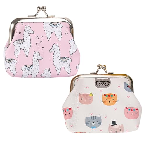 ZWWOGE 2 Stück Niedliche Mini-Schnallen-Münzgeldbörsen, Brustbeutel Kinder für Junge und Mädchen, Geldbeutel Kinder Portemonnaie, Süßes Cartoon-Münztäschchen(Alpaka und Katze) von ZWWOGE