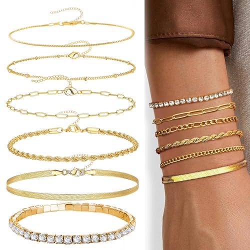 ZWWOGE 7Pcs Armband Damen Edelstahl Ketten Armbänder Set, Vergoldet Armbander Twist Schlange Armkette Damen CZ Verstellbar Armband Set Charm Armband Gold Armband Set für Damen Frauen von ZWWOGE