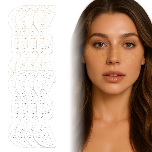 ZWWOGE 8 Stück Glitter Sommersprossen Für Gesicht - Goldene Glitzer Aufkleber - Face glitter, Wasserdichte Gesichtstattoos Für Festival & Party Make-up,Henna Freckles von ZWWOGE