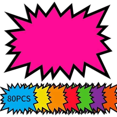 ZWWOGE 80 Stück Preisschilder Flohmarkt Fluoreszierende Preisschilder Blanko Starburst Burst Preis Zschilder Neon Preisschilder price tag für Supermärkten Geschäft Ladengeschäft, 12.8x7.2cm von ZWWOGE