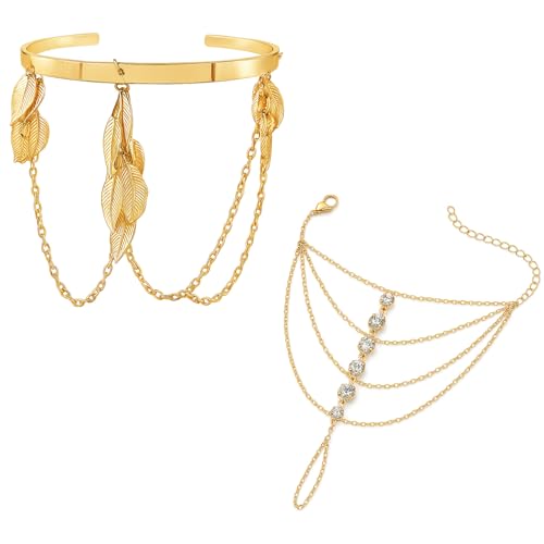 ZWWOGE Boho Fingerring Stapel-Set für Armband und Armreif Gold Strass Sklave Kettenarmband Vintage Layered Quaste Armband Personalisieren Handkette,Geschenke Wahrsagerin Kostüm von ZWWOGE