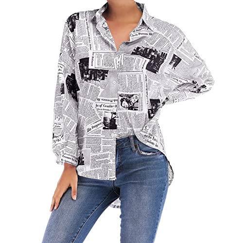 Bluse Damen Langarm Tunika Große Größen Freizeithemd Hemdbluse V-Ausschnitt Alphabet Zeitungsdruck Revers Shirts Hemd Blusenshirt Top Herbst Blusen Longbluse Longpullover Langarm Pullover Sweatshirt von ZWXIN