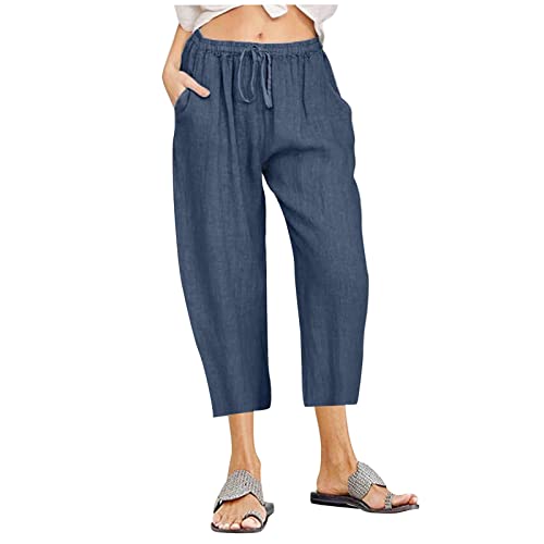 Caprihose Damen High Waist Leinenhose Jogginghose Damen Sporthose 3/4 Leinen Baumwolle Hose für Frauen Stoffhose Baggy Hose Sommer Leicht Freizeithose Sweathose Yogahose Trainingshose mit Taschen von ZWXIN