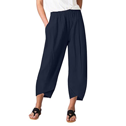 Caprihose Damen High Waist Leinenhose Jogginghose Damen Sporthose 3/4 Leinen Baumwolle Hose für Frauen Stoffhose Baggy Hose Sommer Leicht Freizeithose Sweathose Yogahose Trainingshose mit Taschen von ZWXIN