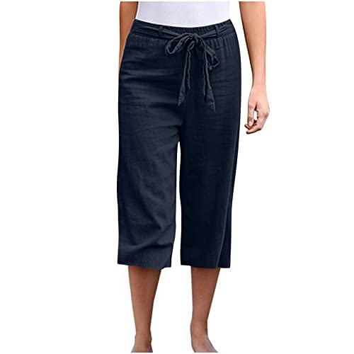 Caprihose Damen High Waist Leinenhose Jogginghose Damen Sporthose 3/4 Leinen Baumwolle Hose für Frauen Stoffhose Baggy Hose Sommer Leicht Freizeithose Sweathose Yogahose Trainingshose mit Taschen von ZWXIN