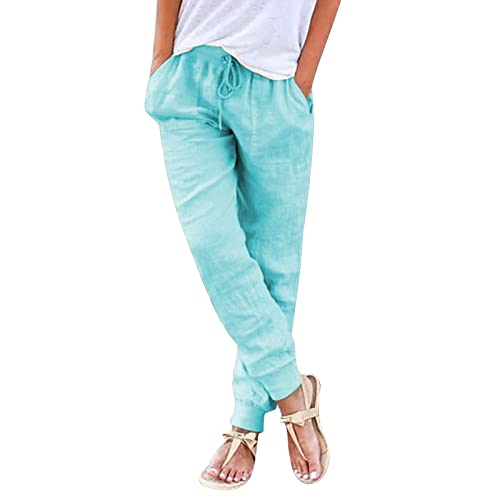 Hose Damen Sommer Casual Baumwolle Leinen Stoffhose Einfarbig Freizeithose Stretch Leicht Leinenhose Straight Leg Hose und Taschen Cargohose Damen Baggy Leinenhose Sommerhose Damen Leicht Elegant von ZWXIN