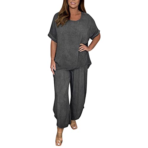 ZWXIN Hosenanzug Damen Sportlich Leinen Zweiteiler Damen Leinenanzug Sommer Große Größe Freizeitanzug Einfarbig 2 Teilig Oberteil und Hose Jogginghose Set Baumwolle Leinen Anzug Loungewear von ZWXIN