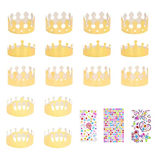 ZWZNBL 16 Stück goldene Party-Papier-Kronenhüte mit 111 Stück Super-Glitzer-bunten Zahlen-Buchstaben-Diamant-Aufklebern, Königskronen-Partyhüte, Partyzubehör, Geburtstagshüte für Kinder von ZWZNBL