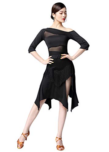 ZX Damen Latein Salsa Ballroom Tanzkleid Sexy Top und Side Split Fransen Tanzrock 2-teilig Outfits - Schwarz - 38/40 DE (Etikett XL) von ZX