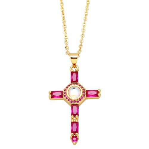 ZXBNVC Runde Fuchsia-Kreuz-Halskette für Damen, schön und vielseitig, die zu jedem Stil getragen werden kann, Einstellbar, Zirkonia von ZXBNVC