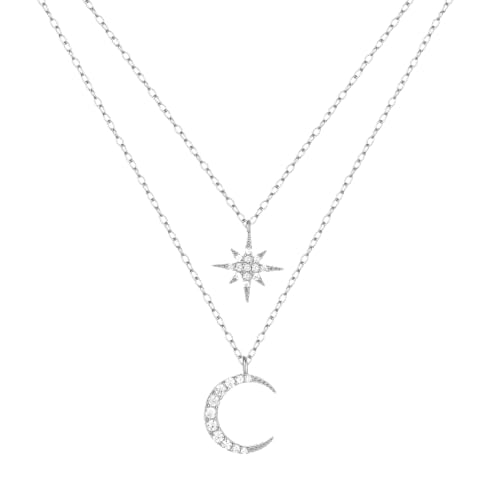 ZXBNVC S925 transparente Stern-Mond-Anhänger-Halskette, Doppelschlüsselbein-Kette, Hochzeitsschmuck, Einstellbar, Zirkonia ZXBNVC S925 transparente Stern-Mond-Anhänger-Halskette, Doppelschlüsselbein-Kette, Hochzeitsschmuck, Einstellbar, Zirkonia von ZXBNVC