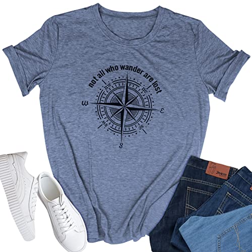 Damen T-Shirt mit Aufdruck "Not All Who Wander are Lost", Kompass, lustige T-Shirts für Frauen, Sommer, lässig, athletische Shirts, marineblau, Groß von ZXCAHPT
