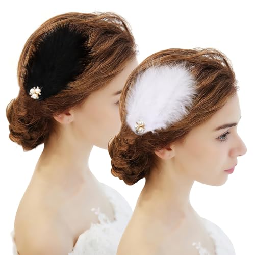 ZXCHOME 2 Stück Feder Haarschmuck, Haarspangen Schwarz Weiß, 1920er Damen Kopfschmuck für Hochzeit Abschlussball Teeparty, FederKopfschmuck Haarclips zum Tanzen Aufführung Frisuren Zubehör von ZXCHOME