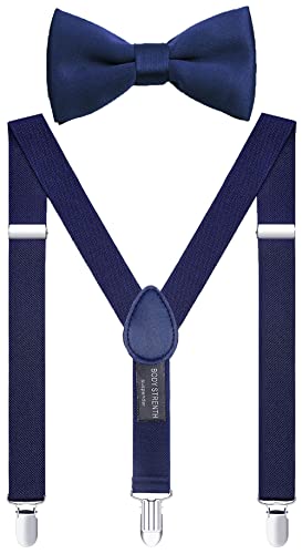 ZXEROYM Hosenträger und Fliege für Jungen und Herren, elastisch, verstellbar, Marineblau, 40" (about 8-15 years old) von ZXEROYM
