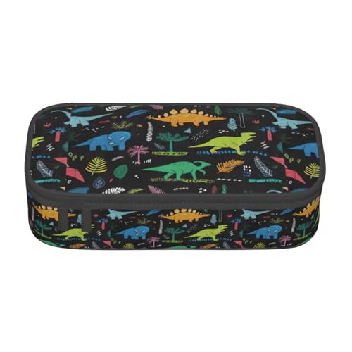 ZXERTG Federmäppchen mit Dinosaurier-Palmblatt-Druck, Oxford-Stoff, multifunktional, perfekt für Büro und Reisen, Schwarz , Einheitsgröße, Kosmetiktasche von ZXERTG