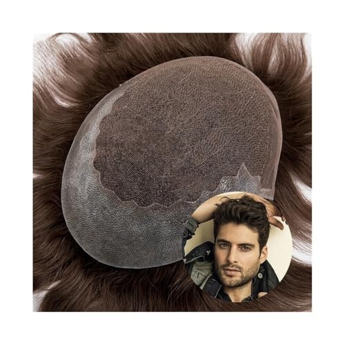 Toupet für Männerhaar Herren-Kapillarprothese, atmungsaktiv, französische Spitze, mit PU-Haut auf der Rückseite, 4# Braun, Echthaar-Toupet Unsichtbares und atmungsaktives Haartoupet für Män(7x9) von ZXFIYTBH