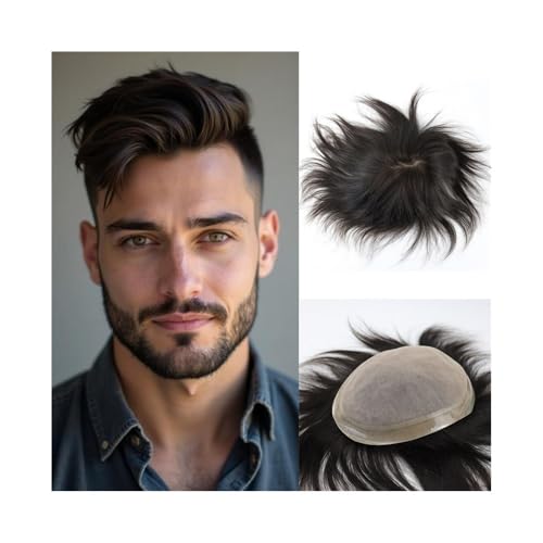 Toupet für Männerhaar Herren-Toupet, Seidenbasis, PU rund um echtes Menschenhaar, vollständig handgebunden, Seidenoberteil, glattes Haar, Systemeinheit Unsichtbares und atmungsaktives Haartoupet für M von ZXFIYTBH