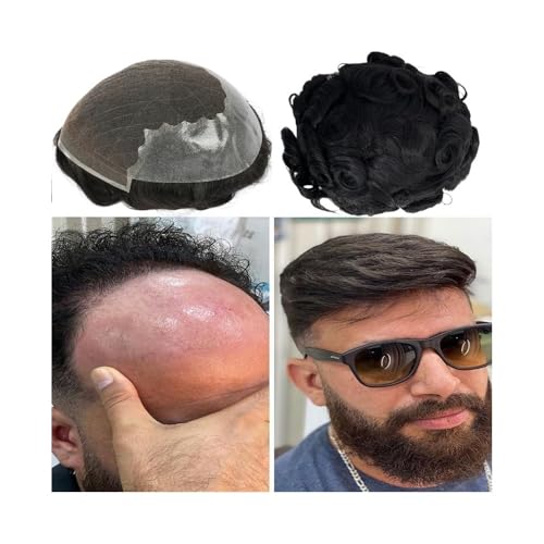 Toupet für Männerhaar Herren-Toupet, lockiges, gewelltes Echthaar, Schweizer Spitze mit PU-Hautbasis, männliche Kapillarprothese Unsichtbares und atmungsaktives Haartoupet für Män(7x10) von ZXFIYTBH