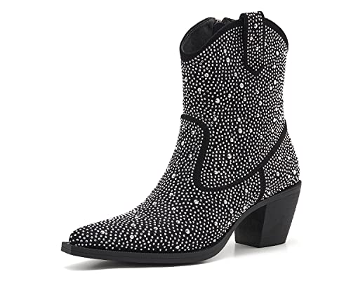 ZXHYZLZ Damen Strass Cowboy Stiefel Dicke Wurzel High Heel Spitz Zehe Funkelnde Cowgirl Stiefel, A-Schwarz, 40 EU von ZXHYZLZ