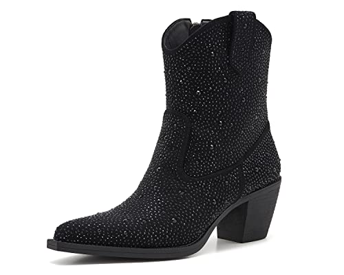 ZXHYZLZ Damen Strass Cowboy Stiefel Dicke Wurzel High Heel Spitz Zehe Funkelnde Cowgirl Stiefel, Schwarz, 38 EU von ZXHYZLZ