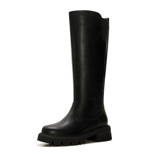 ZXHYZLZ Damen Weite Wade Kniehohe Plateau Stiefel Lederoptik Chunky Sole Hohe Stiefel mit Stretch Rücken Slip On Bequeme Herbst Winter Schuhe, Schwarz, 37.5 EU Weit von ZXHYZLZ