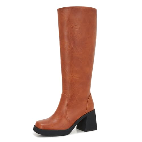 ZXHYZLZ Damen Weite Wade Kniehohe Stiefel - Übergröße Kunstleder Reitstiefel mit Blockabsatz & Plateau für Winter, Dunkelbraun, 37.5 EU Weit von ZXHYZLZ