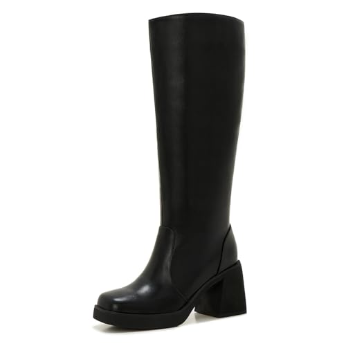 ZXHYZLZ Damen Weite Wade Kniehohe Stiefel - Übergröße Kunstleder Reitstiefel mit Blockabsatz & Plateau für Winter, Schwarz, 43 EU Weit von ZXHYZLZ