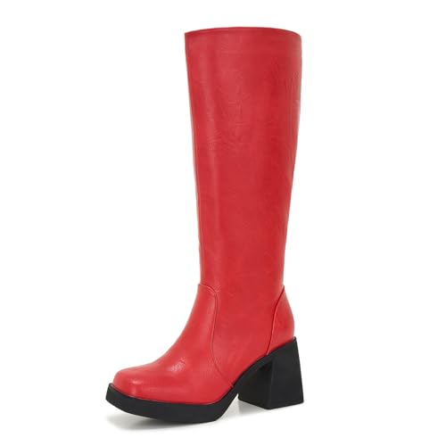 ZXHYZLZ Damen Weite Wade Kniehohe Stiefel - Übergröße Kunstleder Reitstiefel mit Blockabsatz & Plateau für Winter, tiefes rot, 39.5 EU Weit von ZXHYZLZ