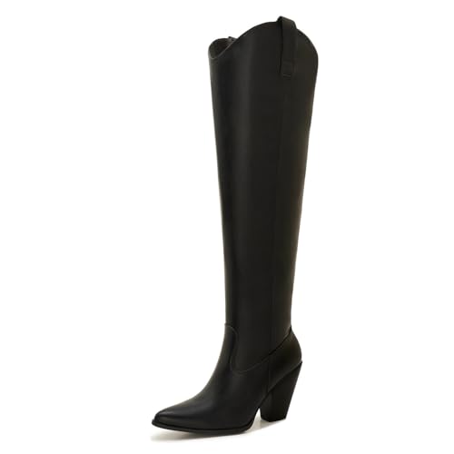 ZXHYZLZ Damen Wide Calf Over The Knee Boots with Side Zipper - Pointed Toe High Heel Tall Boots - Faux Leather Chunky Heel Fall Winter Fashion Shoes, Schwarz, 38.5 EU Weit von ZXHYZLZ
