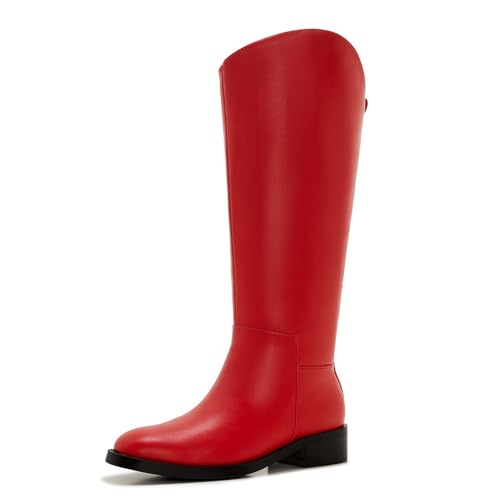 ZXHYZLZ Damen breite Waden-Kniehohe Stiefel - Übergröße, flache Reitstiefel, bequeme hohe Reitstiefel für Herbst und Winter, Rot/Ausflug, einfarbig (Getaway Solids), 38.5 EU Weit von ZXHYZLZ
