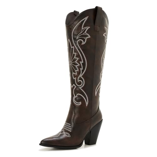 ZXHYZLZ Dunkelbraune Cowboystiefel für Damen, Cowgirl, Westernstiefel, bestickt, spitzer Zehenbereich, klobiger Absatz, zum Überziehen, Braun, 43 EU von ZXHYZLZ