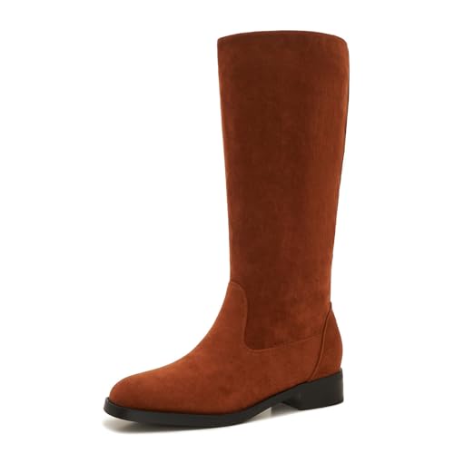 ZXHYZLZ Weite Wadenstiefel für Damen, Übergröße, Wildleder, kniehoch, niedriger Absatz, flach, Reißverschluss, bequeme Herbst-Winterstiefel, Braun Wildleder, 38.5 EU Weit von ZXHYZLZ