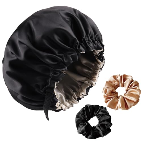 ZXJLWR Seidenhaube Zum Schlafen, 1 Stück Silk Bonnet mit 2 Stück Haarseil, Mode Satin Haarhaube, Verstellbare Schlafkappe für Frauen Mit Langem, Glattem und Lockigem Haar (schwarz) von ZXJLWR