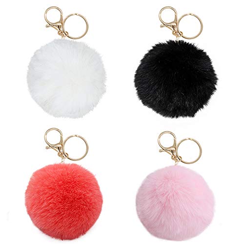 Faux Plüsch Pompon, 4 weiche Fuchs Plüschkugeln, Do-it-yourself, mit elastischer Schleife und 2 Schlüsselringen für Hüte, Schuhe, Schals, Handschuhe, Taschenzubehör, rot, weiß, pink, schwarz von ZXM