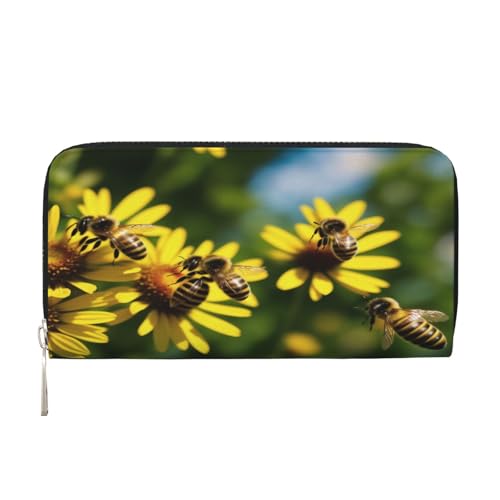 ZXMDZTSS Bienen und Blume – Echtes Leder Damen Geldbörse mit Reißverschluss und Handyfach – stilvolle Clutch-Geldbörse für den täglichen Gebrauch, Reisen und Geschenke (20,1 cm Handheld-Design), von ZXMDZTSS