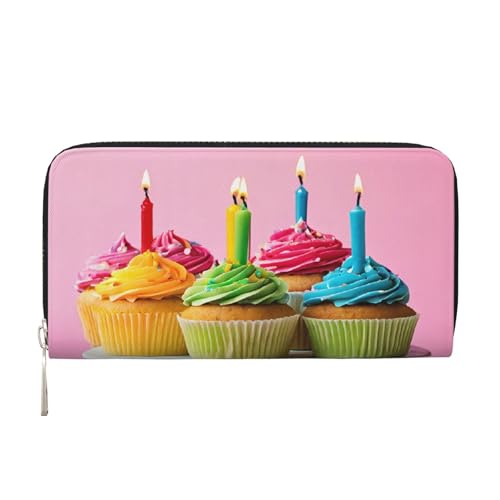 ZXMDZTSS Bunte Happy Birthday Cupcakes – Damen-Geldbörse mit Reißverschluss und Handyfach – stilvolle Clutch-Geldbörse für den täglichen Gebrauch, Reisen und Geschenke (20,1 cm Handheld-Design), von ZXMDZTSS