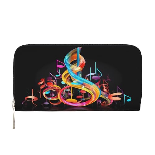 ZXMDZTSS Bunte Musiknote, echtes Leder, Damen-Geldbörse mit Reißverschluss und Handyfach, stilvolle Clutch-Geldbörse für den täglichen Gebrauch, Reisen und Geschenke (20,1 cm Handheld-Design), Schwarz von ZXMDZTSS
