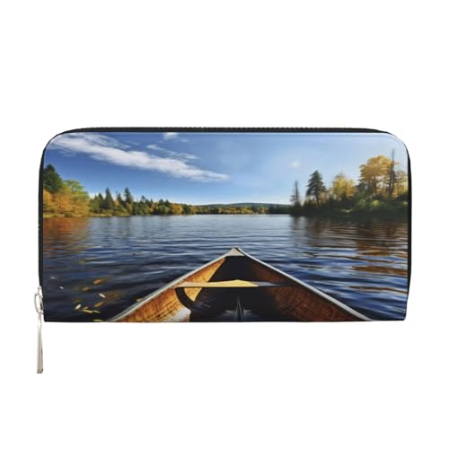 ZXMDZTSS Canoe On Lake – Echtes Leder Damen Geldbörse mit Reißverschluss und Handyfach – Stilvolle Clutch-Geldbörse für den täglichen Gebrauch, Reisen & Geschenke (20,1 cm Handheld-Design), Schwarz , von ZXMDZTSS