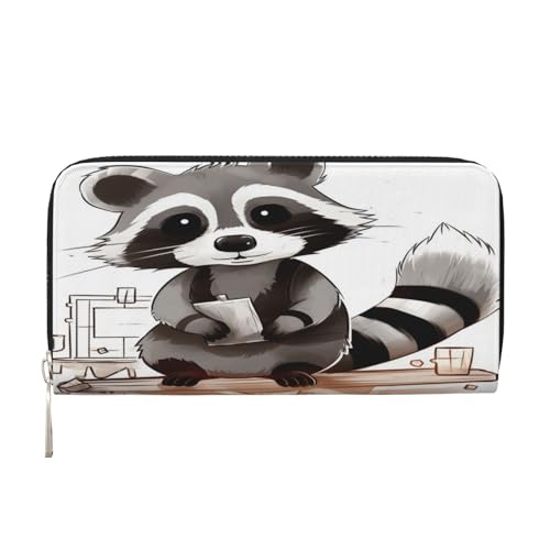 ZXMDZTSS Cartoon Cute Raccoon – Echtes Leder Damen Geldbörse mit Reißverschluss und Handyfach – Stilvolle Clutch Geldbörse für den täglichen Gebrauch, Reisen & Geschenke (20,1 cm Handheld-Design), von ZXMDZTSS